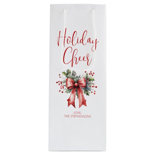 Modern Script Holiday Cheer Red Bow Name Wine Gift Bag (Front)