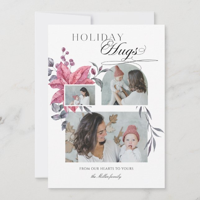 Modern Script Holiday Hugs 3-Photo Floral Card (Front)
