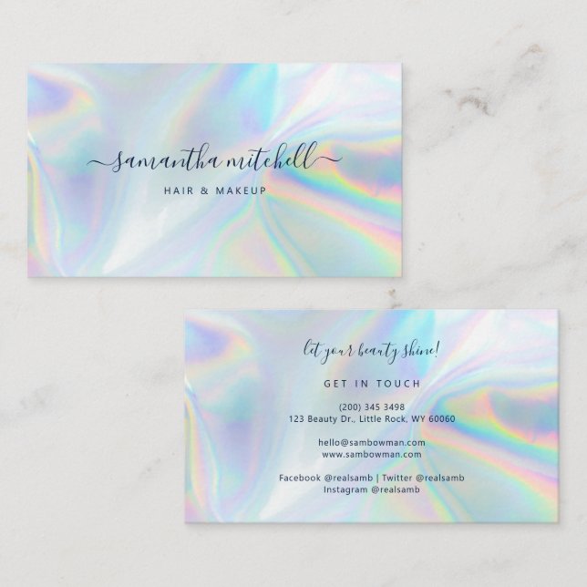 Modern Script Holographic Beautician Makeup Business Card (Front/Back)