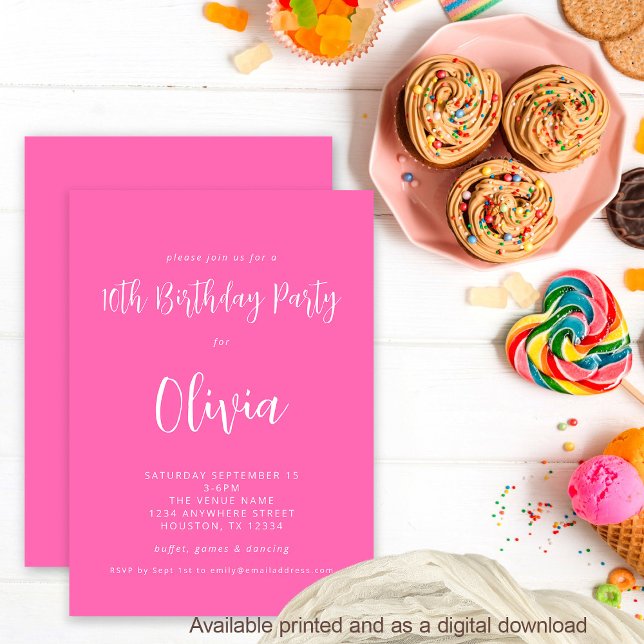 Modern Script Hot Pink 10th Birthday Party Invitation (Available digitally or printed)