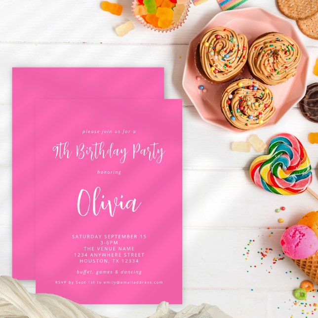 Modern Script Hot Pink 9th Birthday Party Invitation (Creator Uploaded)