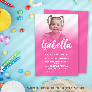 Modern Script Hot Pink Photo 5th Birthday Party Invitation