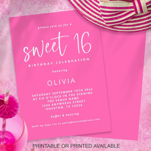 Modern Script Hot Pink Sweet 16 Birthday Party Invitation (Creator Uploaded)