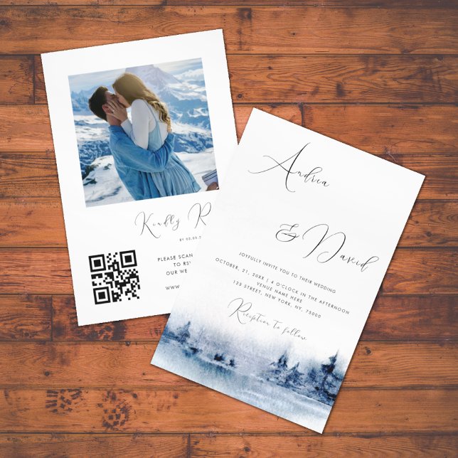 Modern Script Indigo Watercolor Landscape Wedding Invitation (Creator Uploaded)