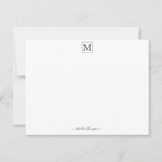 Modern Script Initial Monogram Black Note Card (Front)