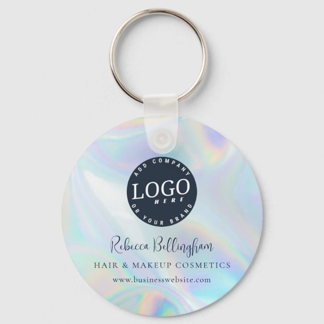 Modern Script Iridescent Business Logo and Name Key Ring (Front)