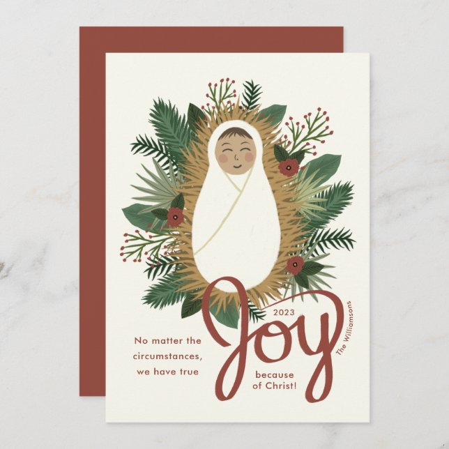 Modern Script Joy Baby Jesus Nativity Christmas Holiday Card (Front/Back)