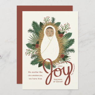 Modern Script Joy Baby Jesus Nativity Christmas Holiday Card