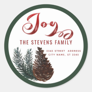Modern script joy snow pine cone branch  classic r round sticker