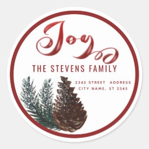 Modern script joy snow pine cone branch  classic round sticker