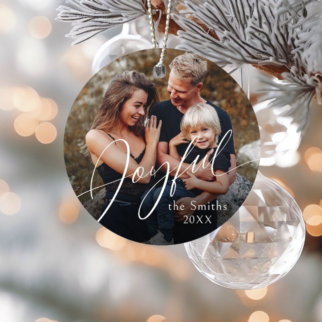 Modern Script Joyful Christmas Family Photo Ceramic Tree Decoration (Modern Script Joyful Christmas Family Photo Ceramic Ornament)
