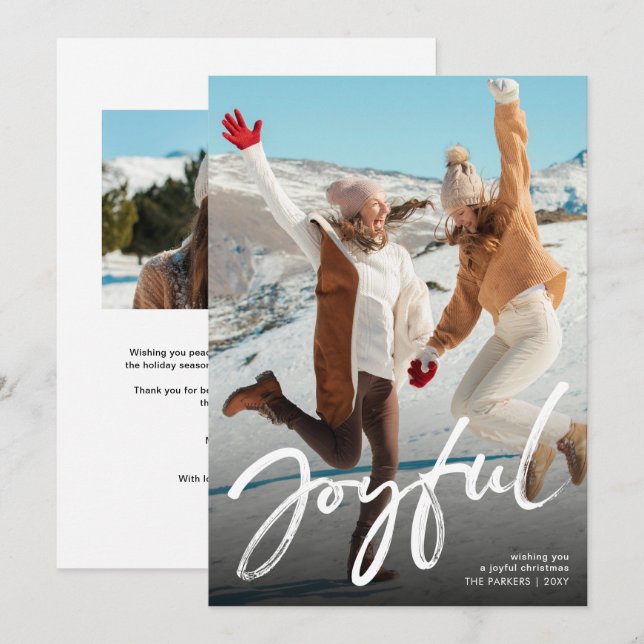 Modern Script Joyful Christmas Photo Holiday Card (Front/Back)