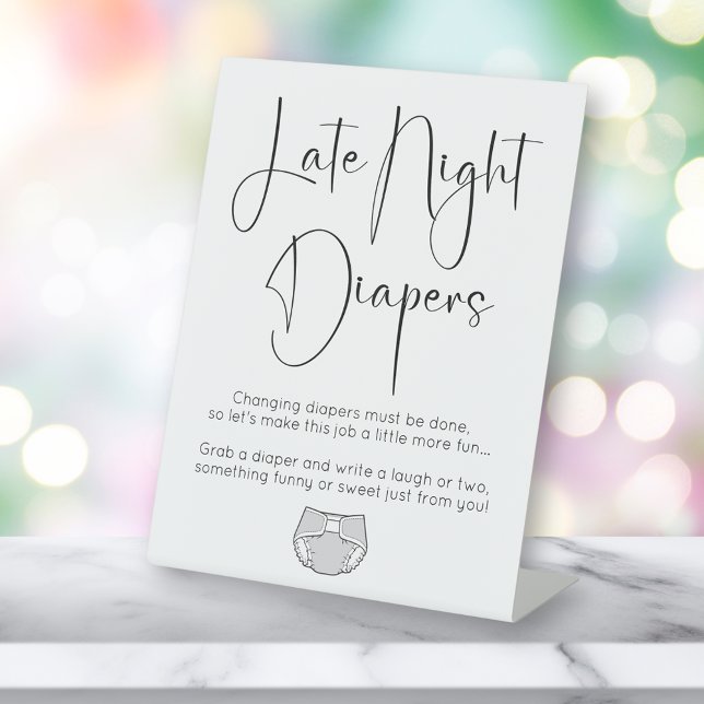 Modern Script Late Night Diapers Baby Shower Pedestal Sign (Creator Uploaded)