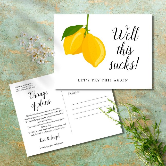 Modern Script Lemons Change the Date Postponed Postcard (Creator Uploaded)