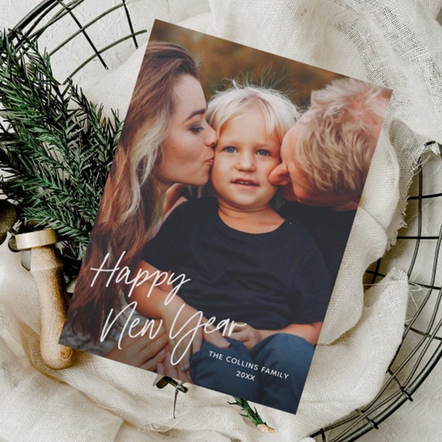 Modern Script Lettering 2 Photo New Years Holiday Card (Simple Script 2 Photo New Years Holiday Cards.)