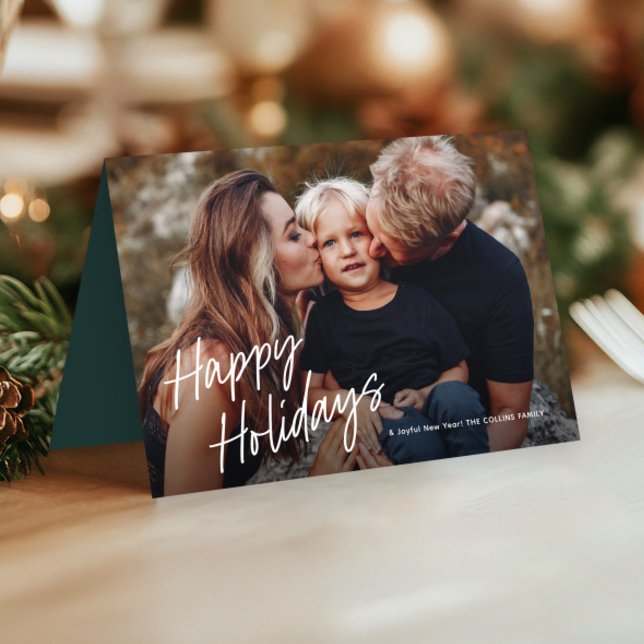 Modern Script Lettering 3 Photo Holiday Card (Simple Handwritten Happy Holidays 3 Photo Holiday  Cards.)
