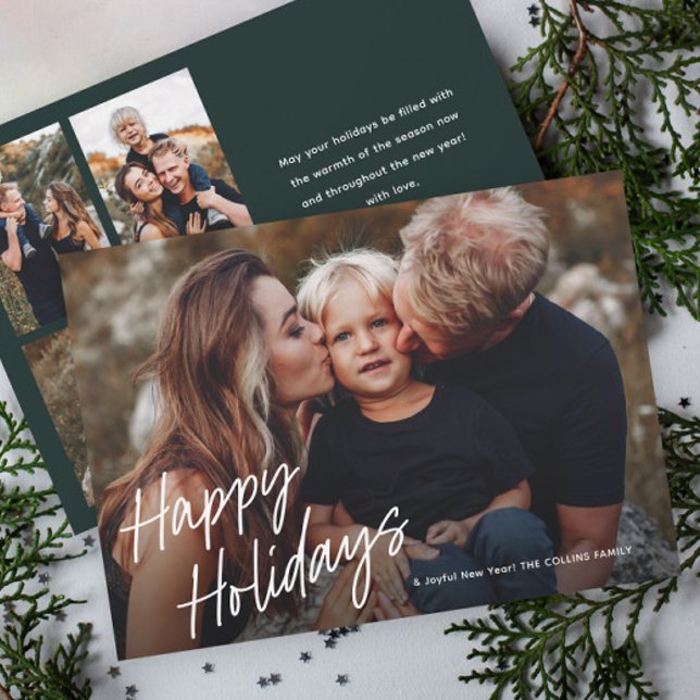 Modern Script Lettering 4 Photo Holiday Card (Simple handwritten 4 photo holiday cards.)