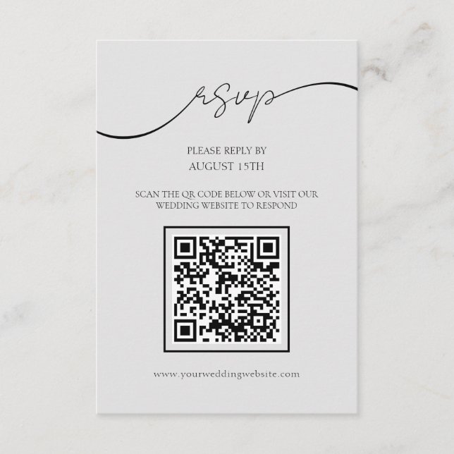 Modern Script Light Grey QR Code Wedding RSVP Card (Front)