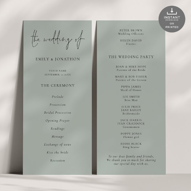 Modern Script Light Sage Green Wedding Program Invitation (Front and back view)
