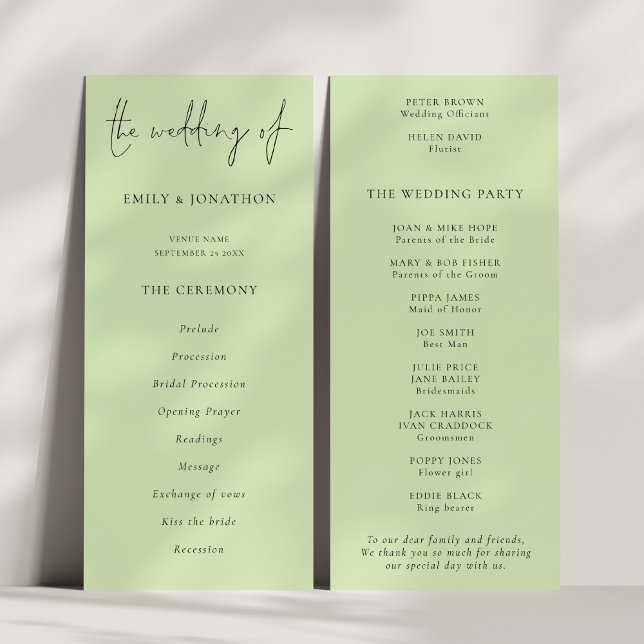 Modern Script Lime Cream Green Wedding Program Invitation (Front and back view)