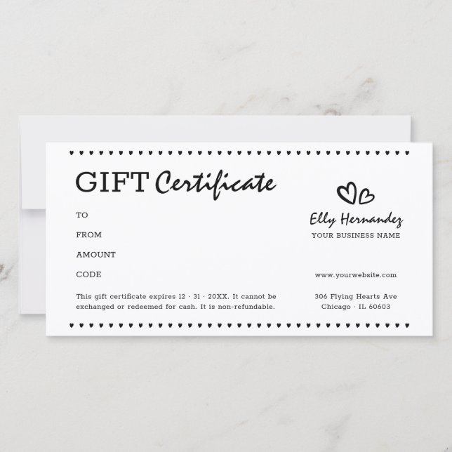 Modern Script Logo Heart Black Gift Certificate (Front)