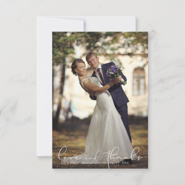 Modern Script LOVE AND THANKS Photo Wedding Thank  Thank You Card (Front)