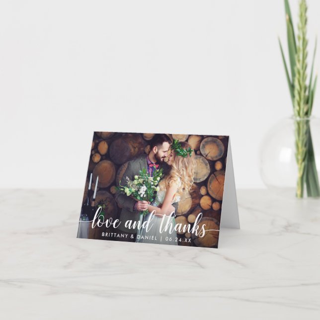 Modern Script Love and Thanks Wedding Couple Note Thank You Card (Front)