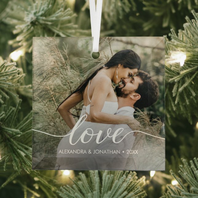 Modern Script Love Couple Photo and year Custom Glass Tree Decoration (Insitu)