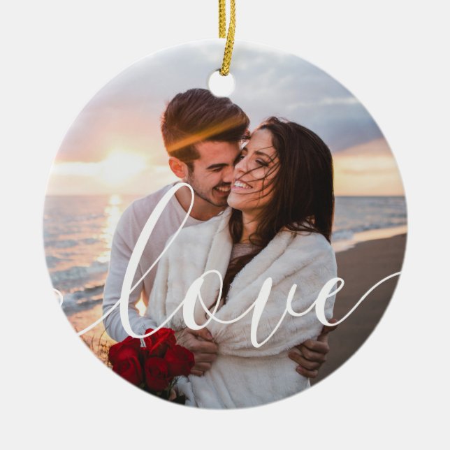 Modern Script Love Couple Photo Ceramic Tree Decoration (Front)