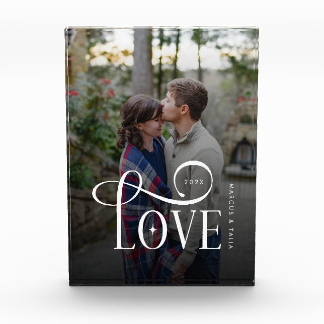 Modern Script Love Custom Engaged Couples Photo Block (Front)