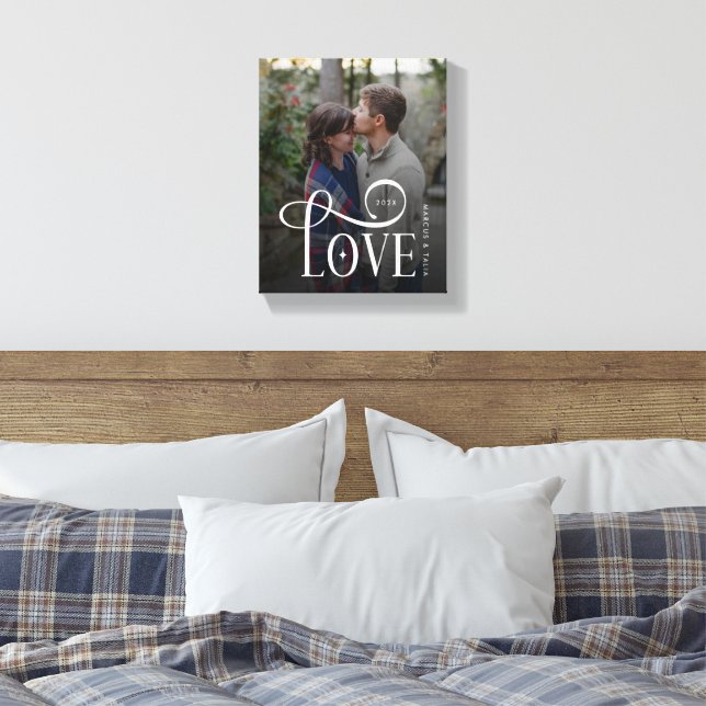Modern Script Love Custom Engaged Couples Photo Canvas Print (Insitu(Bedroom))