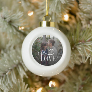 Modern Script Love Custom Engaged Couples Photo Ceramic Ball Christmas Ornament