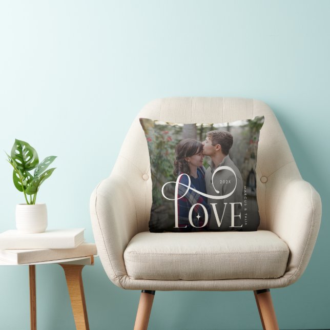 Modern Script Love Custom Engaged Couples Photo Cushion (Chair)