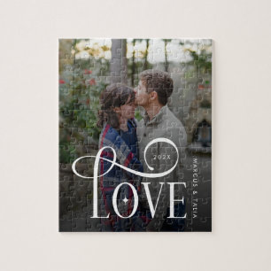 Modern Script Love Custom Engaged Couples Photo Jigsaw Puzzle