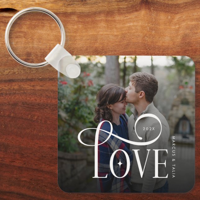 Modern Script Love Custom Engaged Couples Photo Key Ring (Front)