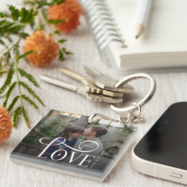Modern Script Love Custom Engaged Couples Photo Key Ring (Front Right)