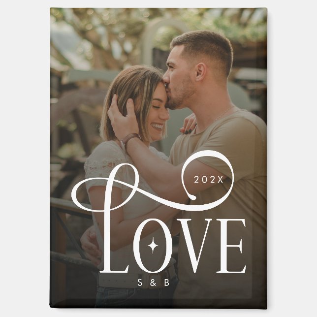 Modern Script Love Custom Engaged Couples Photo Magnet (Front)