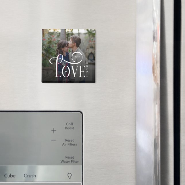Modern Script Love Custom Engaged Couples Photo Magnet (In Situ (Fridge))