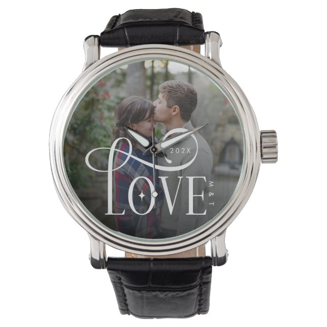 Modern Script Love Custom Engaged Couples Photo Watch (Front)