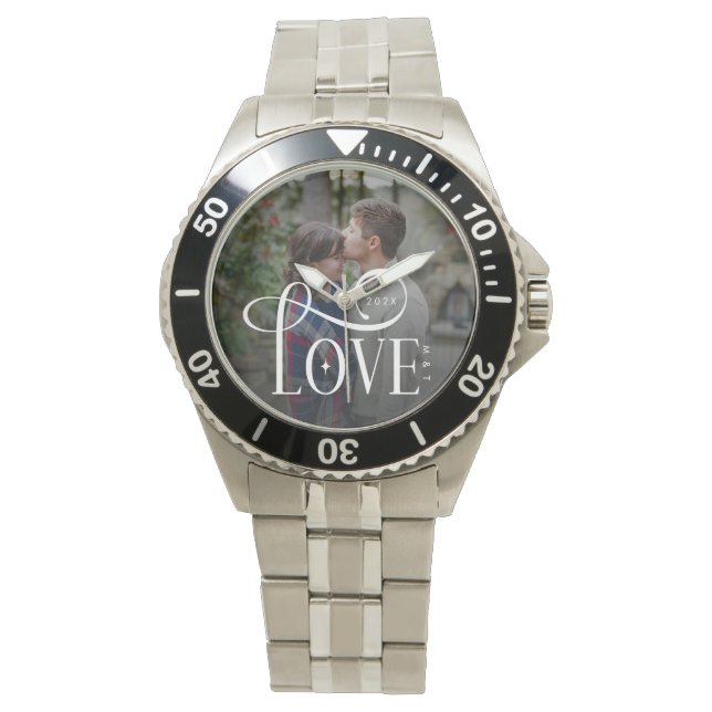 Modern Script Love Custom Engaged Couples Photo Watch (Front)