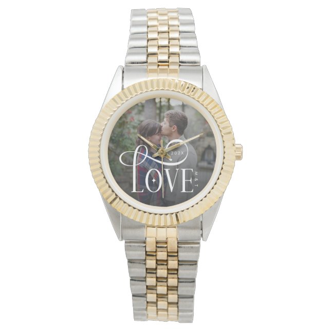 Modern Script Love Custom Engaged Couples Photo Watch (Front)
