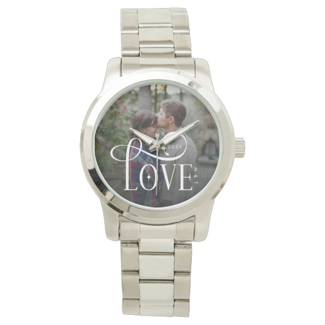 Modern Script Love Custom Engaged Couples Photo Watch (Front)