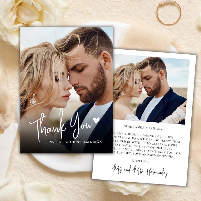 Modern Script Love Heart 2 Photo Wedding Thank You Card (Creator Uploaded)