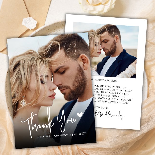 Modern Script Love Heart 2 Photo Wedding Thank You Card (Creator Uploaded)