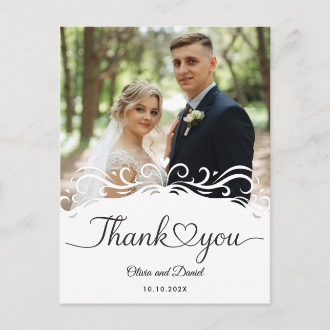 Modern Script Love Heart Wedding Flat Thank You Postcard (Front)