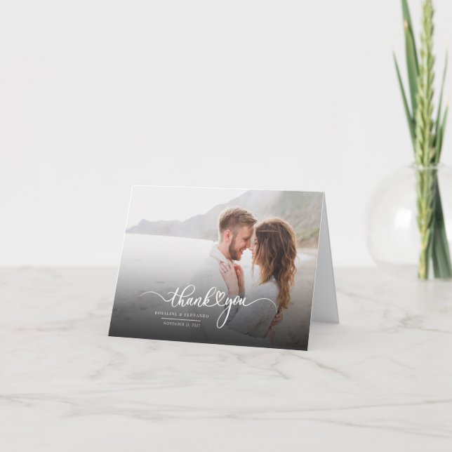 Modern Script Love Heart Wedding Photo Thank You Card (Front)