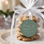 Modern Script Love Is Sweet Wedding Classic Round Sticker<br><div class="desc">simple modern minimalist script "love is sweet" wedding pine green favour sticker.</div>