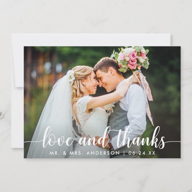 Modern Script Love Thanks Wedding Couple Photo Thank You Card (Front)