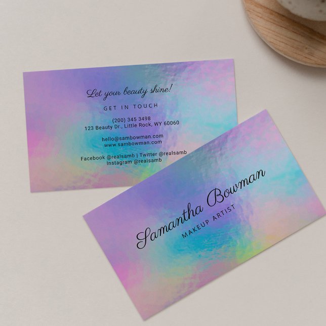 Modern Script Makeup Artist Faux Holographic Business Card (Modern Holographic Purple Makeup Artist Business Card)