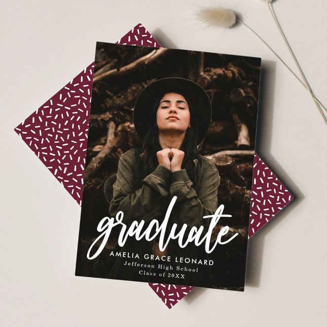 Modern Script Maroon Photo Graduation Announcement (Creator Uploaded)
